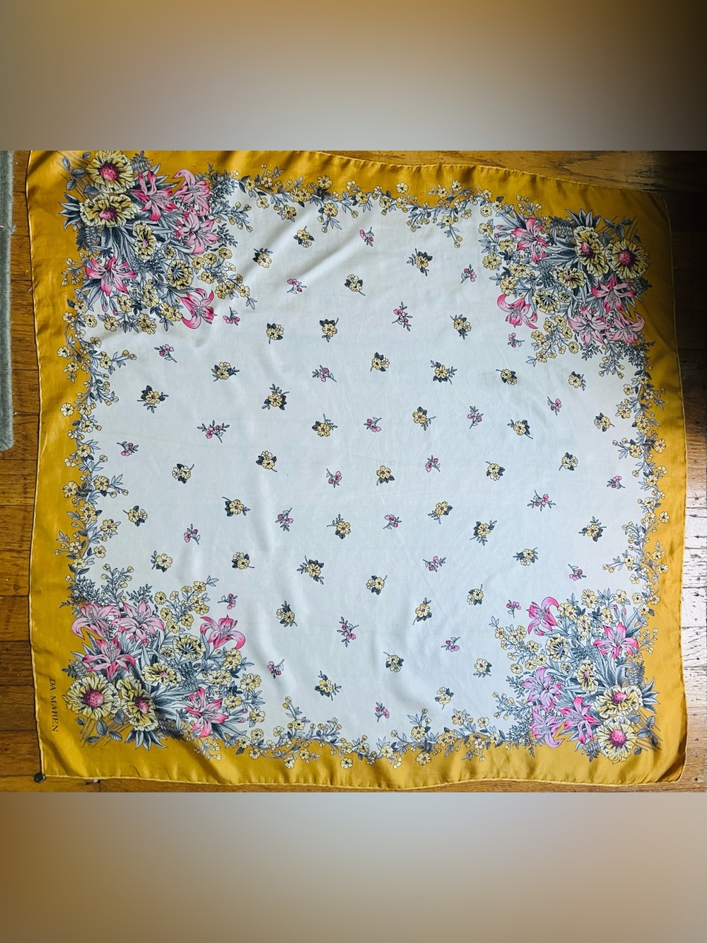 Pure silk scarf made in Italy with delicate florals and a rare circle metal clip